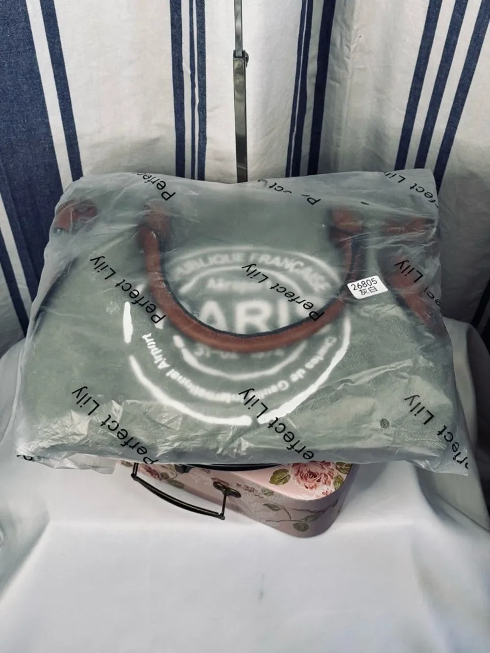 Paris Republique Gray Stamped Canvas Messenger Bag with White Stamp